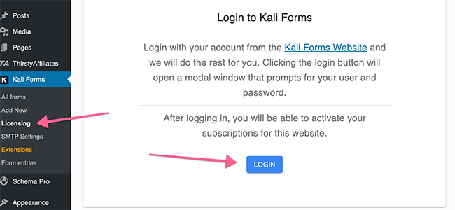 通过许可登录到Kali表单